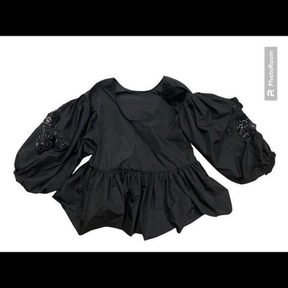 H&M CONSCIOUS EXCLUSIVE Crop‎ SEQUIN TOP BLOUSE Puff Sleeve Black Size XS